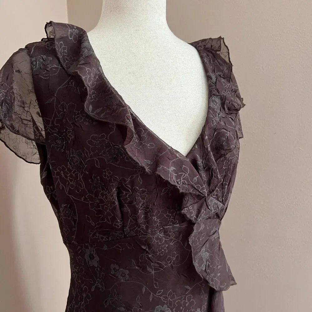 Fairy Grunge Vintage‎ CDC Brown Ruffle Midi Dress Floral Moody Whimsigoth Size 8